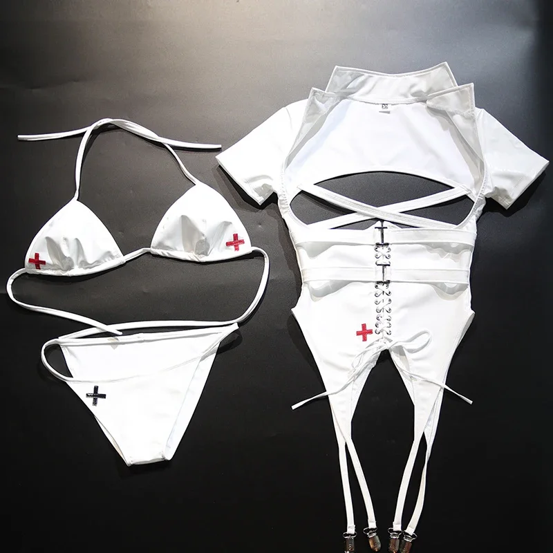 Sexy Latex Leather Lingerie Nurse Cosplay Costume Women Naughty Nurse Lingerie Doctor Cosplay Outfit Exotic Fetish Suits Custo