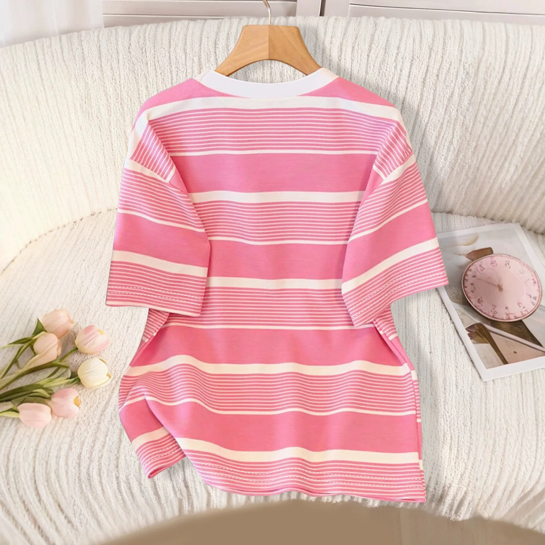 Sweet Striped Girls Summer Outfit 2-Piece Set Loose Short Sleeve Shorts Fashionable Kids Clothing Soft Polyester Fabric