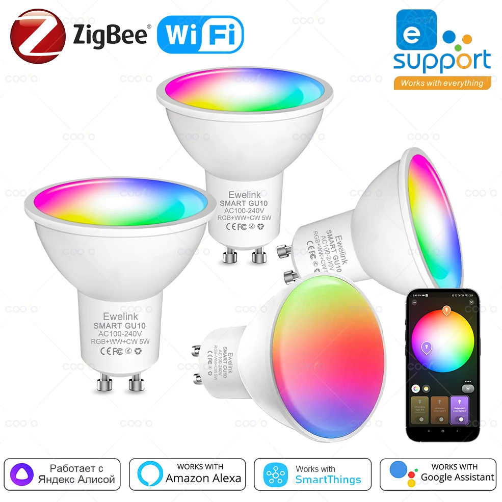 Lâmpada LED inteligente regulável, ZigBee GU10, WiFi, RGB, C + W, 5W, Controle APP EWelink, Lâmpada Spotlight, Funciona com Alexa, Google