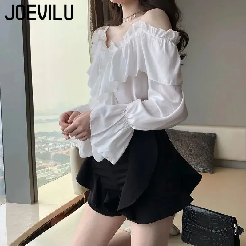 Fairy Chiffon Shirt Korean V Neck Sling Ruffle Flared Sleeve Blouse Women\'s Spring and Summer Off Shlouder Casual Loose Crop Top