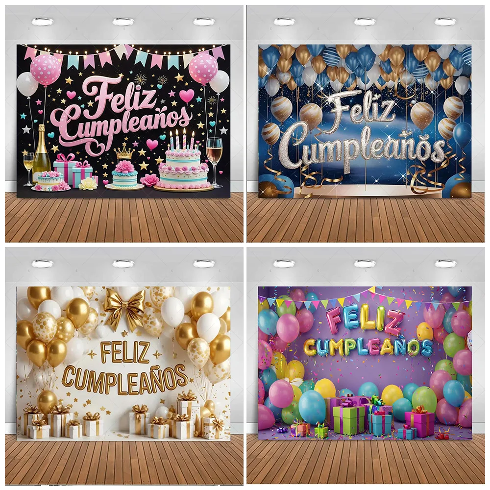 

Spanish Happy Birthday Backdrop Supplies Colorful Balloon Theme Background Banner Birthday Party Decorations Photography Props