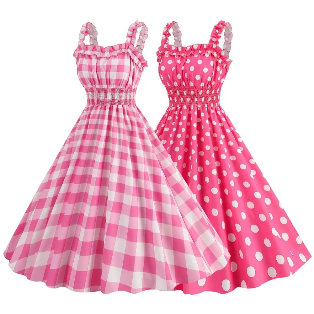 

1950s Women Polka Dot Princess Dress Classic Movie Style Pink Plaid Umbrella Hem Dress Elegant Plaid Retro Bridesmaid Dresses