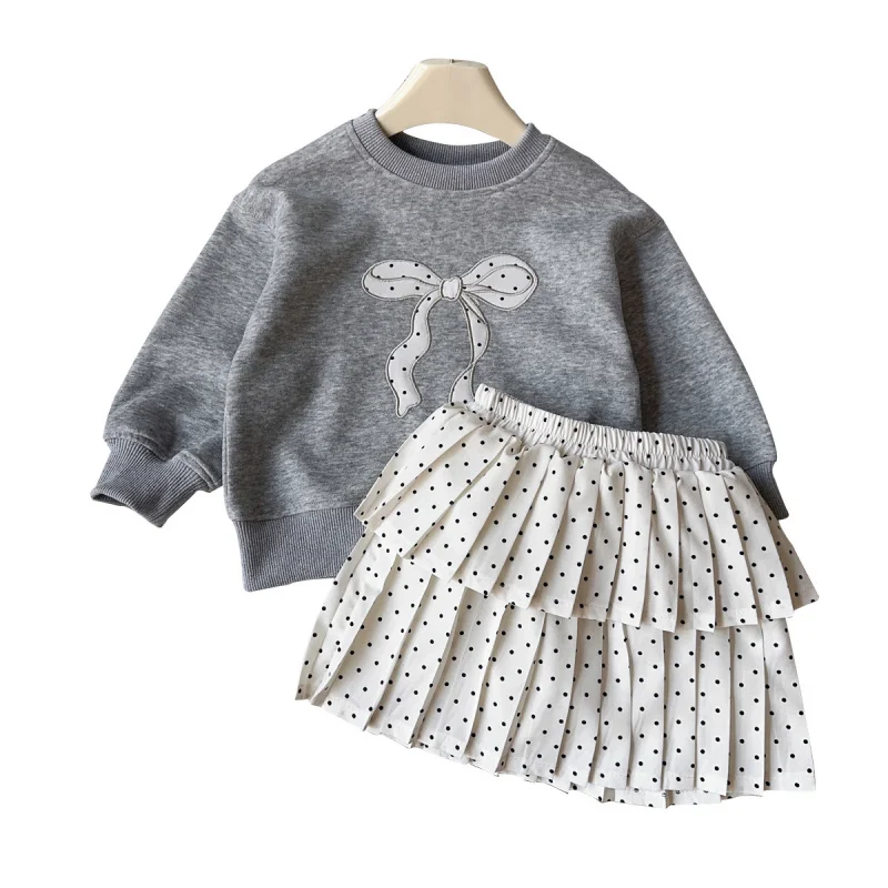 Girls Suit2025Spring and Autumn New Style Baby Girl Bow Print Round Neck Sweatshirt Pleated Skirt Set Wholesale