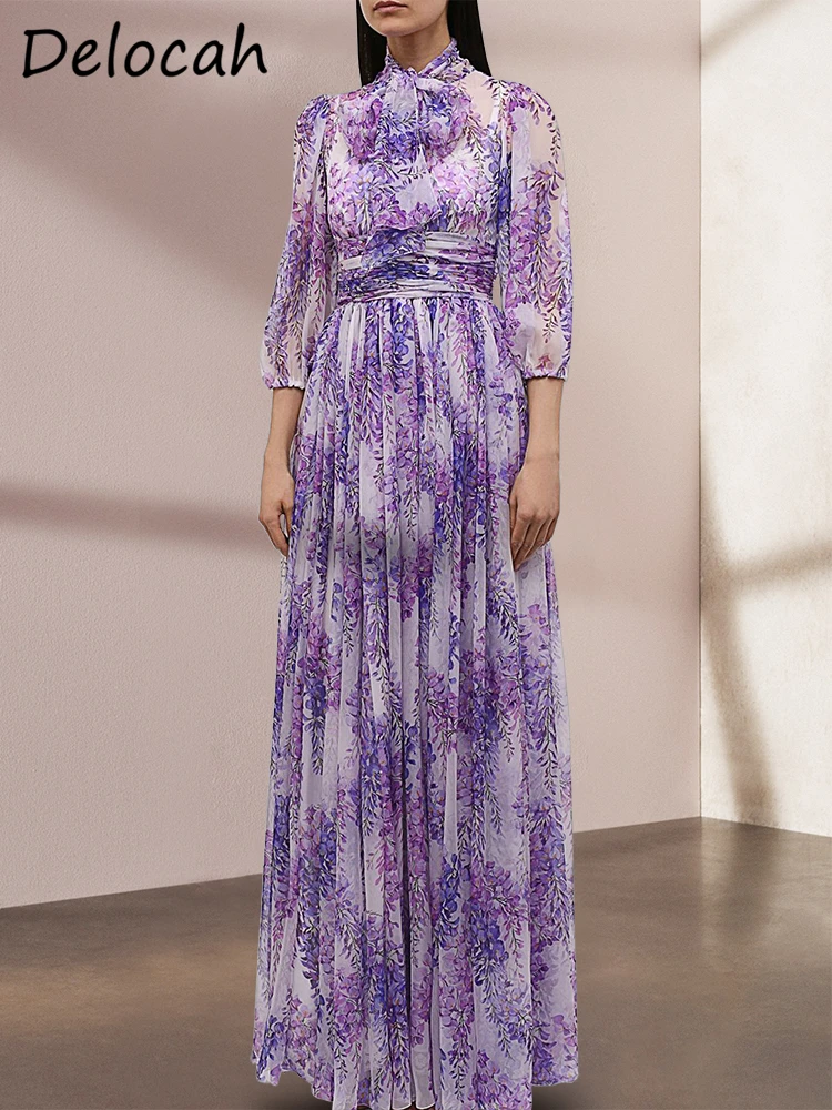 

Delocah High Quality Spring Women Fashion Designer Maxi Dress Lantern 3/4 Sleeve Bow Folded Purple Floral Printed Long Dresses