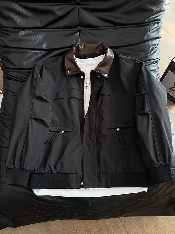 

Мужская весенняя куртка Bla Leather Collar Workwear Cleanfit в американском стиле, свободного кроя, с длинными рукавами, в стиле бейсбольной куртки.