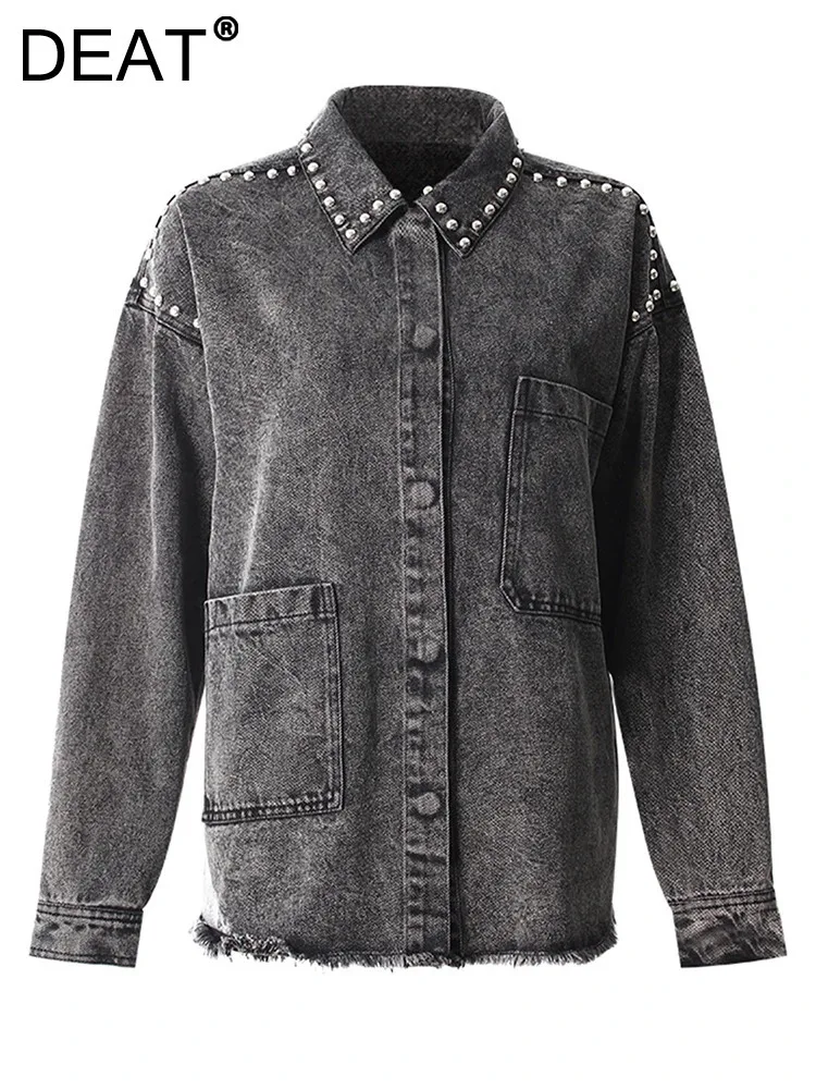 DEAT Fashion Women's Black Gray Denim Shirt Lapel Loose Grinding The Hem Rivet Long Sleeves Blouse Winter 2024 New 7AB6142