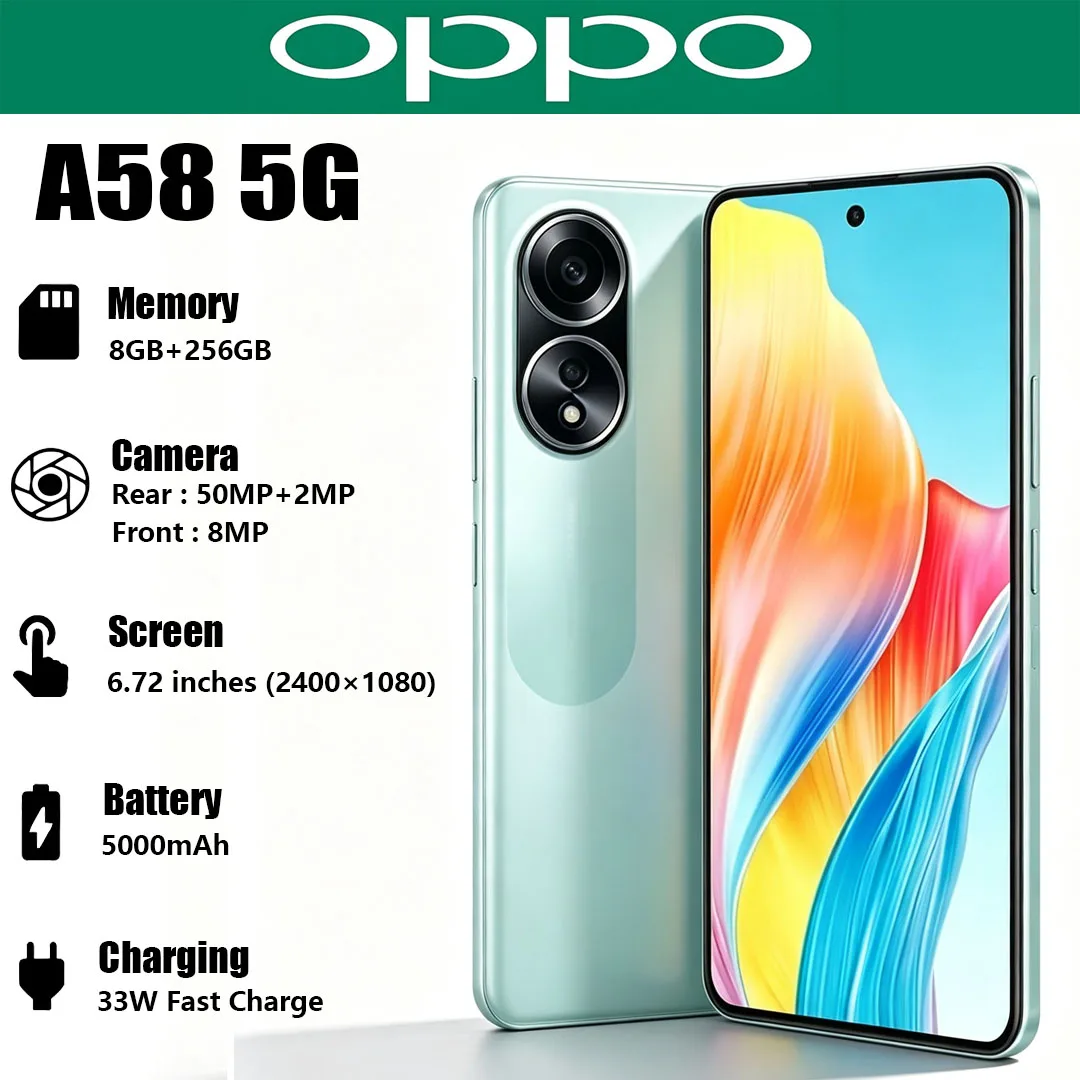 OPPO A58 5G Mobile Phone 6.72 inch Big Screen 50MP Camera 5000mAh Battery 33W Fast Charging Dual-SIM Global Version Smartphone