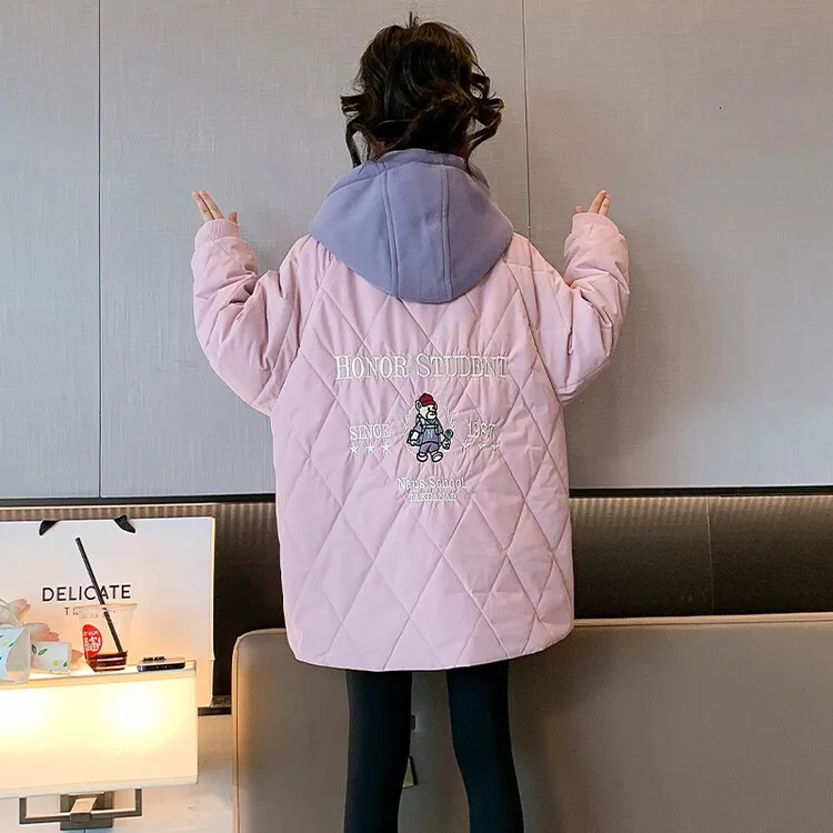 4-14Y الكورية الشتاء فتاة مراهقة مقنعين سترة قطن فتاة الابتدائية وهمية قطعتين أبلى فتاة صغيرة اللون حجب معطف #5