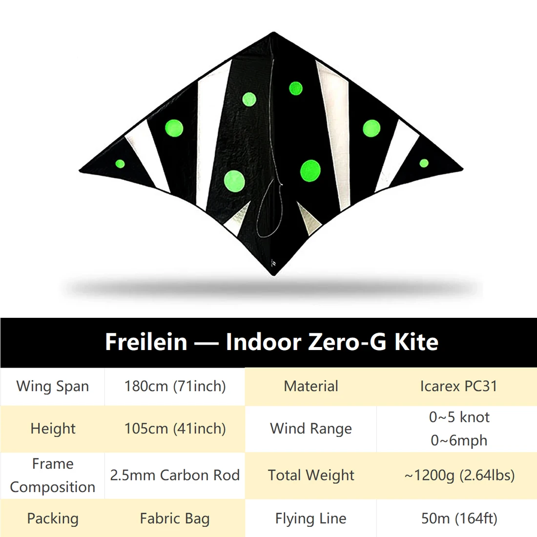 Freilein Large 1.8m Delta Kite Ultralight 1.7Oz 5.9ft Triangle Single Line Kite Ripstop Nylon PC31 with 50m Flying Lines + Bag