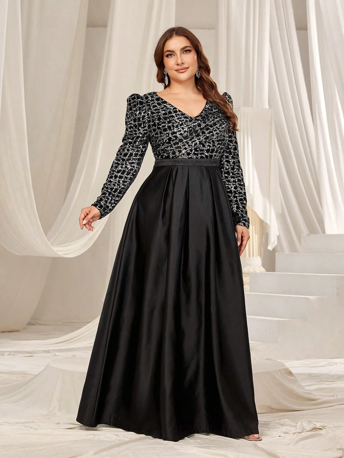 Robe formelle à paillettes, manches Gigot Plus, abonnés