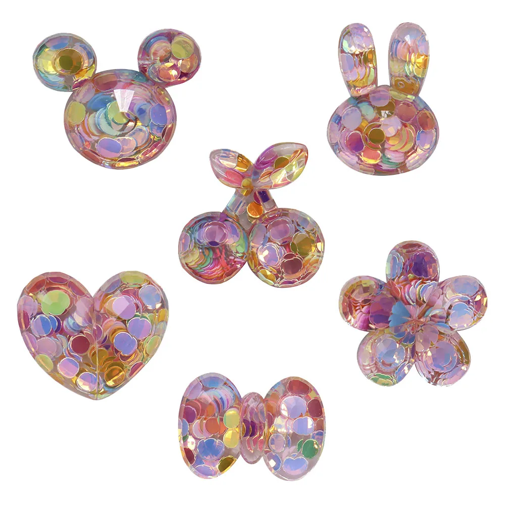 Single Sale 1pcs Resin Flash Sequins Rabbit Flower Bow Heart Shoe Charms Children Adorable Hole Shoes Ornaments For Clogs Pins 