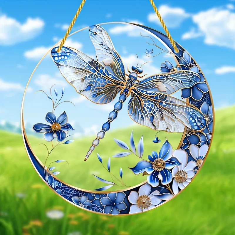 2D Crescent Moon Dragonfly Suncatcher Blue Floral Stained Glass Style Acrylic Window Hanging Decor Keychain Pendant Home Gift