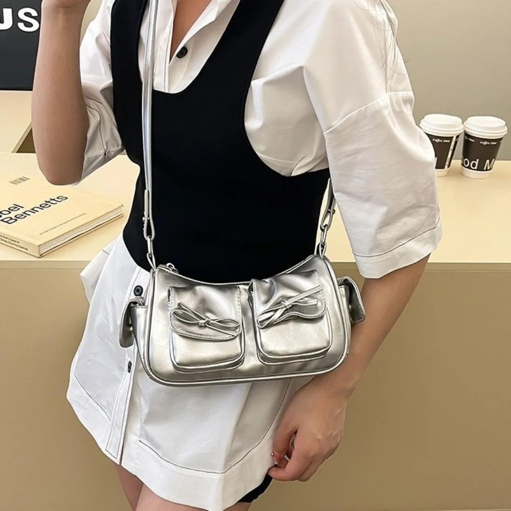 

Sweet Multiple Pockets Bow Crossbody Bag Korean Style Y2K PU Leather Underarm Bag Solid Color Zipper Women Handbag Girls
