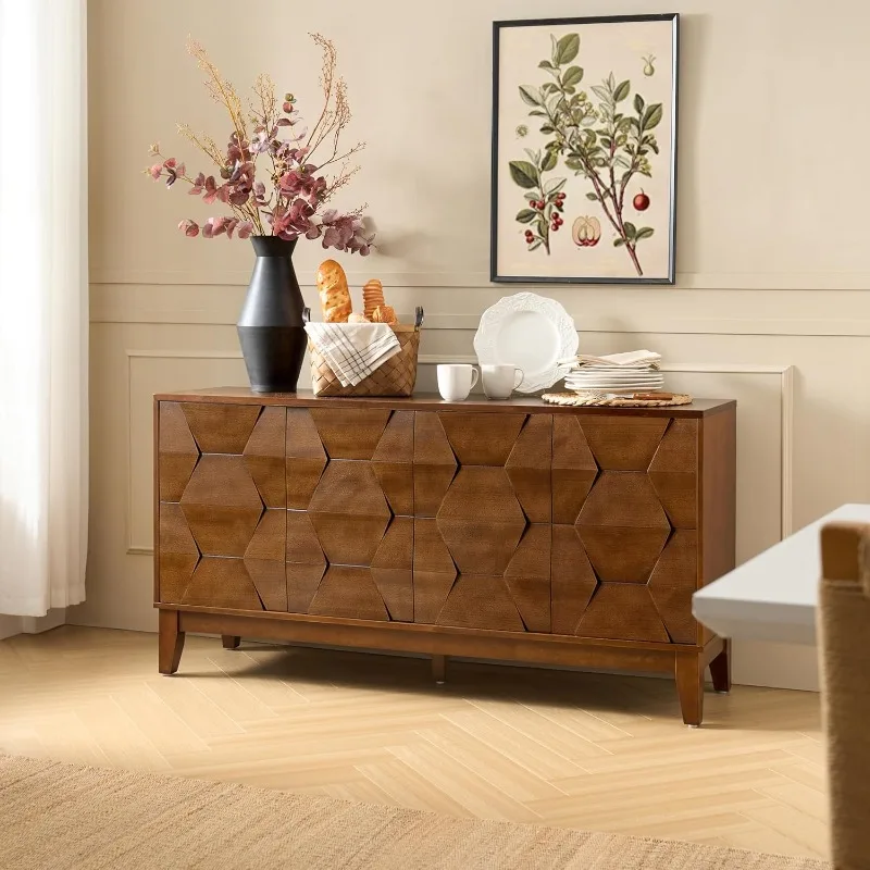 ตู้บุฟเฟ่ต์ไซด์บอร์ด Mid Century พร้อมขาไม้เนื้อแข็ง ตู้เก็บของในครัว 60 นิ้ว Credenza 4 ประตูและ 2 วินาที