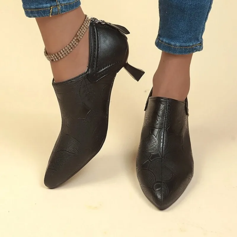 2023 Autumn Women Ankle Boots Elegant Brown Suede Short Mixed Leather Iron Thin High Heels Black