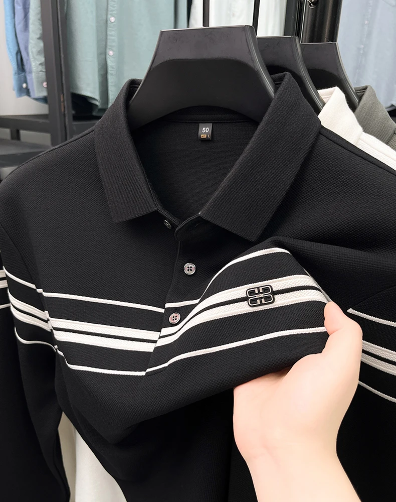 High end brand lapel long sleeve T-shirt men new fashion emboss silky smooth comfort spring top strip casual business polo shirt