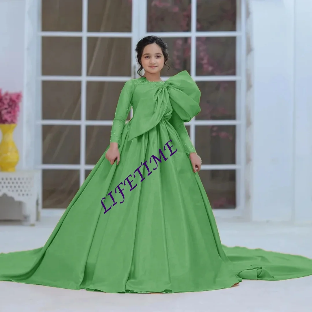 Abito da ragazza di fiore con paillettes a maniche lunghe con fiocco e monospalla, lunghezza del pavimento, abito da comunione con strascico personalizzato