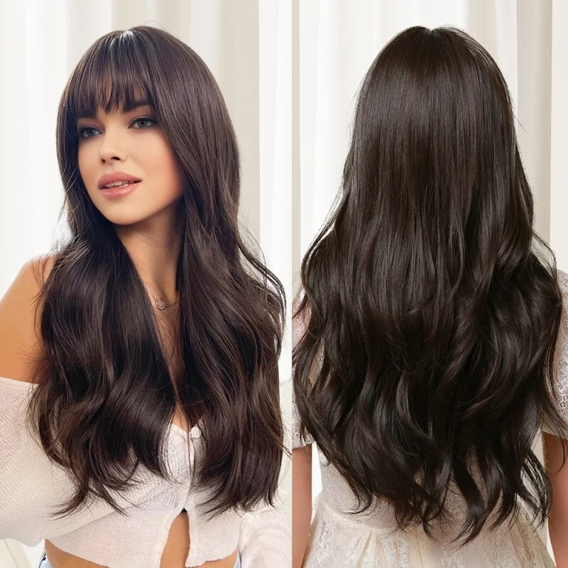 Big wave wig with bangs long curly chemical fiber full head set elegant women's