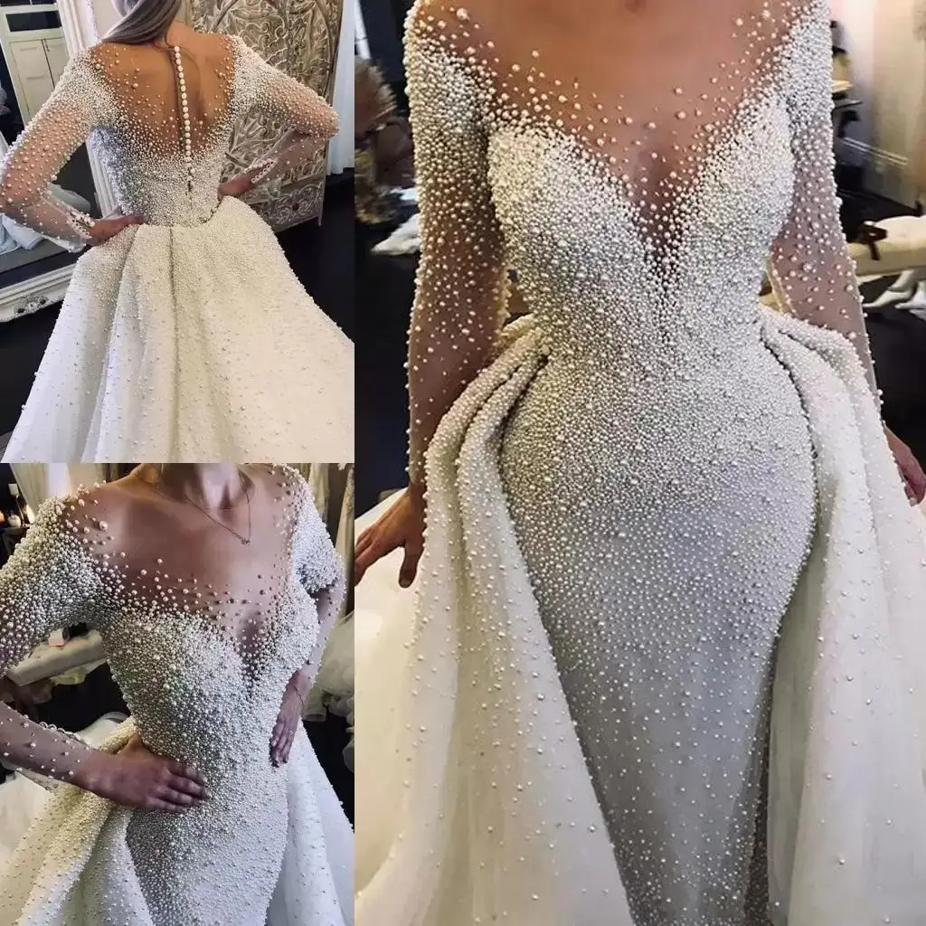 

Major Pearls Mermaid Wedding Dresses, Sheer Crew Neck, Long Sleeves, See Through Gowns with Detachable Train, Bridal Dress