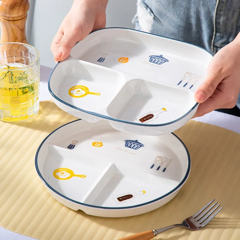 Breakfast Western Noodle Plate Household Three Grid Quantitative Weight Loss Plate Children's 3-Grid Ceramic Meals Plates