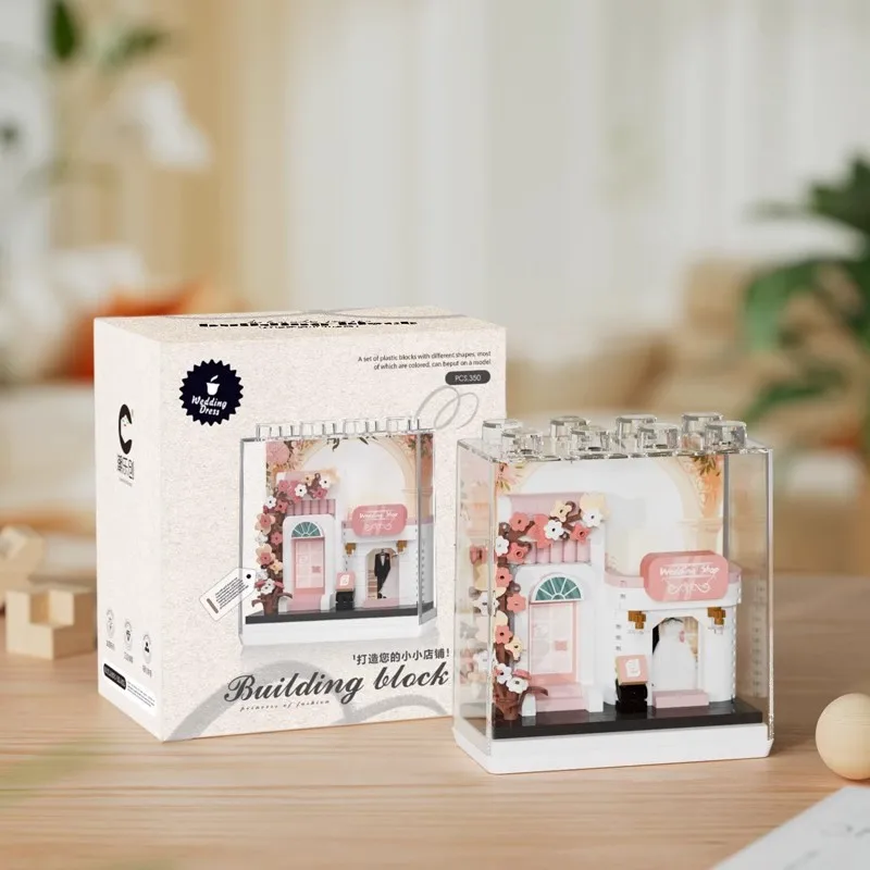 Diversão vista de rua loja blocos de construção loja de casamento café casinha castelo edifício vista de rua modelo brinquedo das crianças presentes