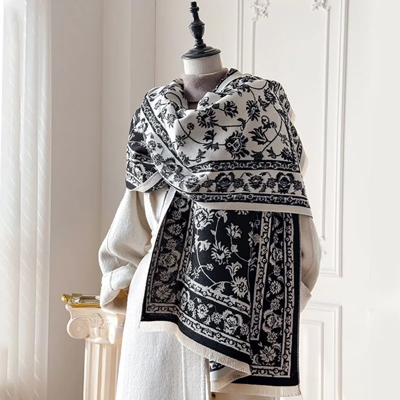 

Scarf for Women, Winter New Style Fringed Shawl, Fairy Floral Print Versatile Cashmere Thickened Warm Cold-Proof Two-Way Wrap