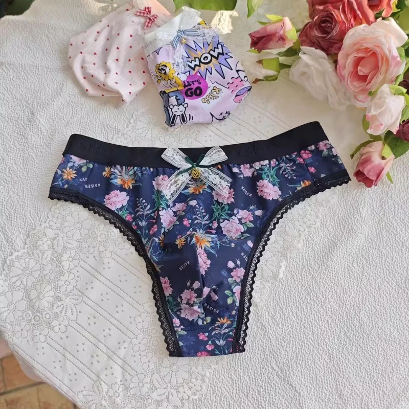 Men's Mid Low Rise Ice Silk Thong Sexy Flower Lace Hem Briefs Smooth with Pouch Underpant Harajuku BF Gifts