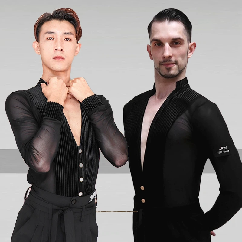 Men Latin Dance Costume Ballroom Tango Dance Top Waltz Dance Clothing Samba Competition Clothes Black White Dance Practice Wear