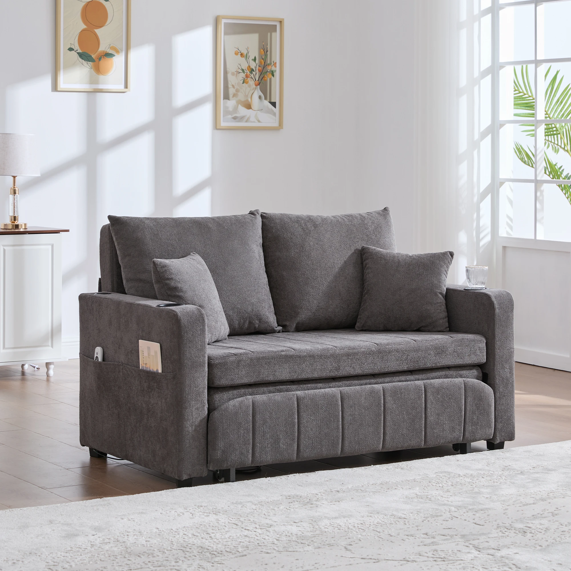 Sofá cama convertible de 2 plazas - con función de cama, puerto USB y portavasos - con bolsillos de almacenamiento - en chenilla - gris 139 × 83 × 58 cm