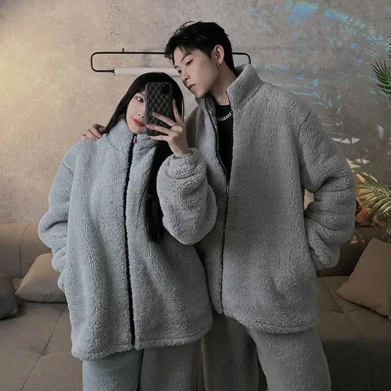 Couple Pajamas Women Autumn and Winter Coral Fleece Warm Suit Flannel Plus Velvet Thickening Men and Women's Home Service