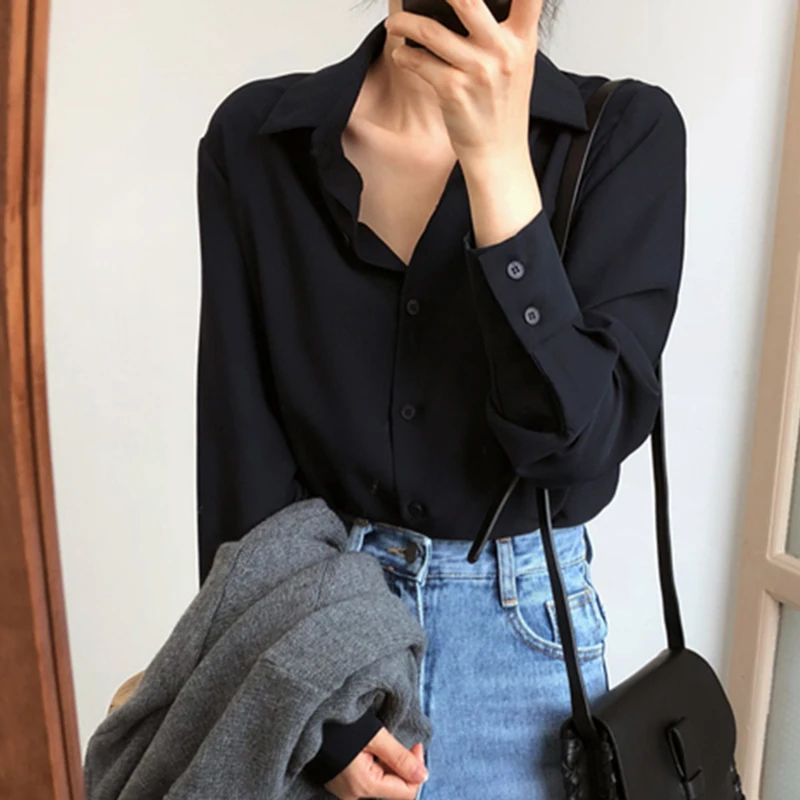 Women Chiffon Shirt Korean Black Turn Down Collar Female Long Sleeve Blouse Spring Fashion All Match Button Office Ladies Tops