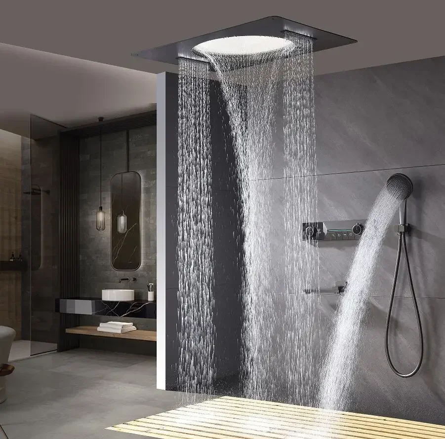 YyhcCeiling Embedded 600*800mm Led Shower Head With Digital Display Rain Waterfall Bathroom Thermostatic Shower Faucet Set