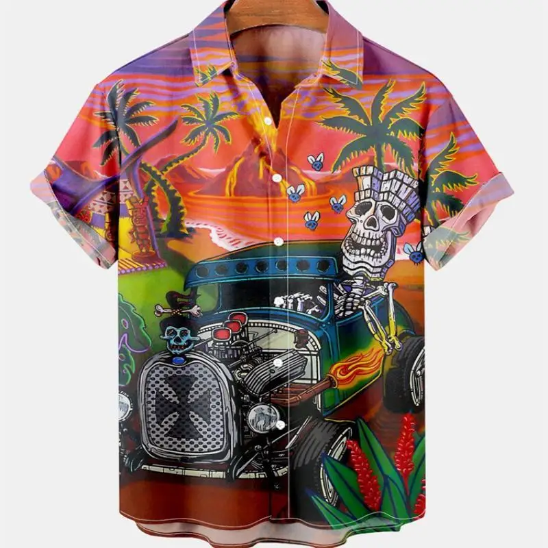 

Summer Men's Fashion Casual Social Hawaiian Floral Skull Short Sleeve Shirt Luxury Elegant Dazn Vintage Vacation Resorts Clothin