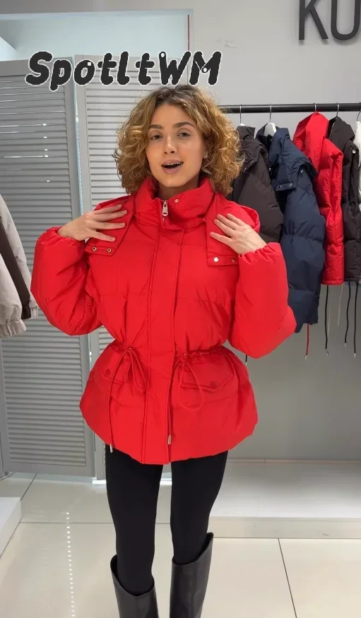 Women Solid Hooded Drawstring Waist Puffer Coat Detachable Hood Zip Up Pocket Loose Padded Jacket Winter Casual Cotton Coats