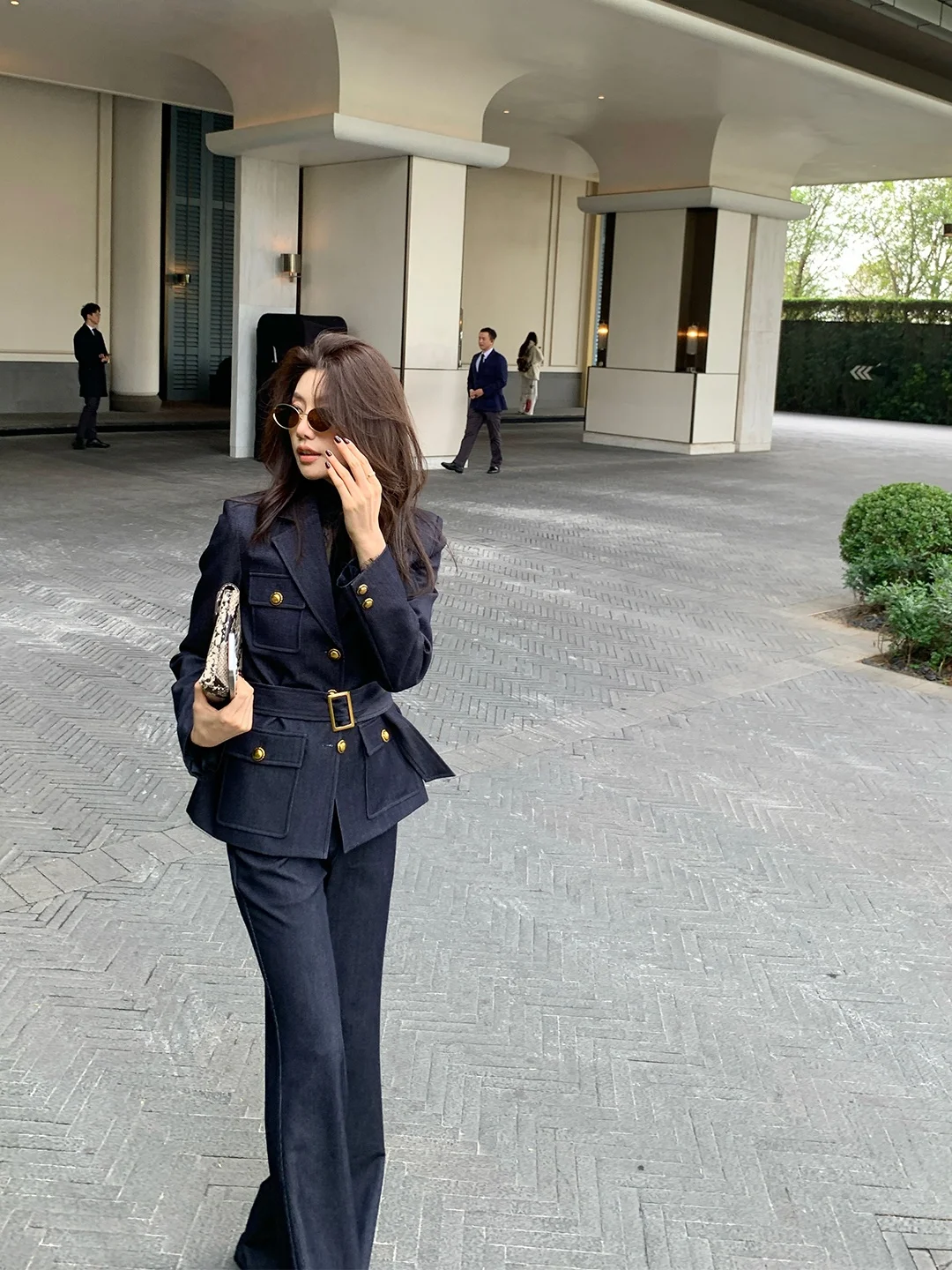 

Dragon Joy Denim Women's Spring Autumn Retro Hong Kong Sle Waist Cinching Slimming Flared Pants Two Piece Set Y67