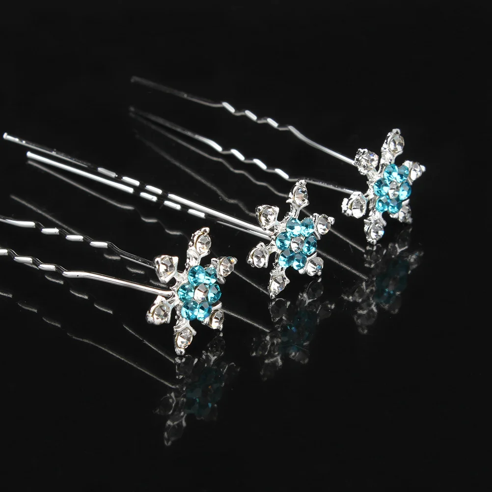 

6Pcs Women's Bridal U Shaped Hairpins Blue Rhinestone Snowflake Hair Clips Elegant Crystal Pearl Hair Accessories for Wedding