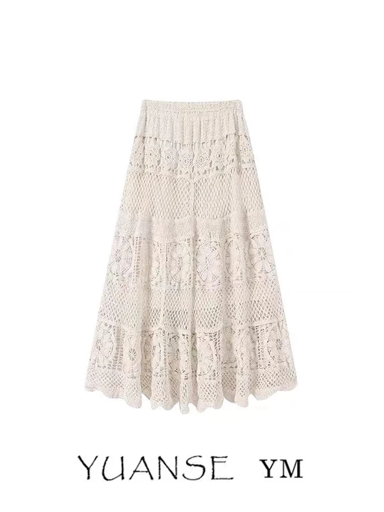 Bohemian Style Light Beige Hollow Weave Half-length Skirt Women's Fashionable Midi A-line Skirt for Autumn Season