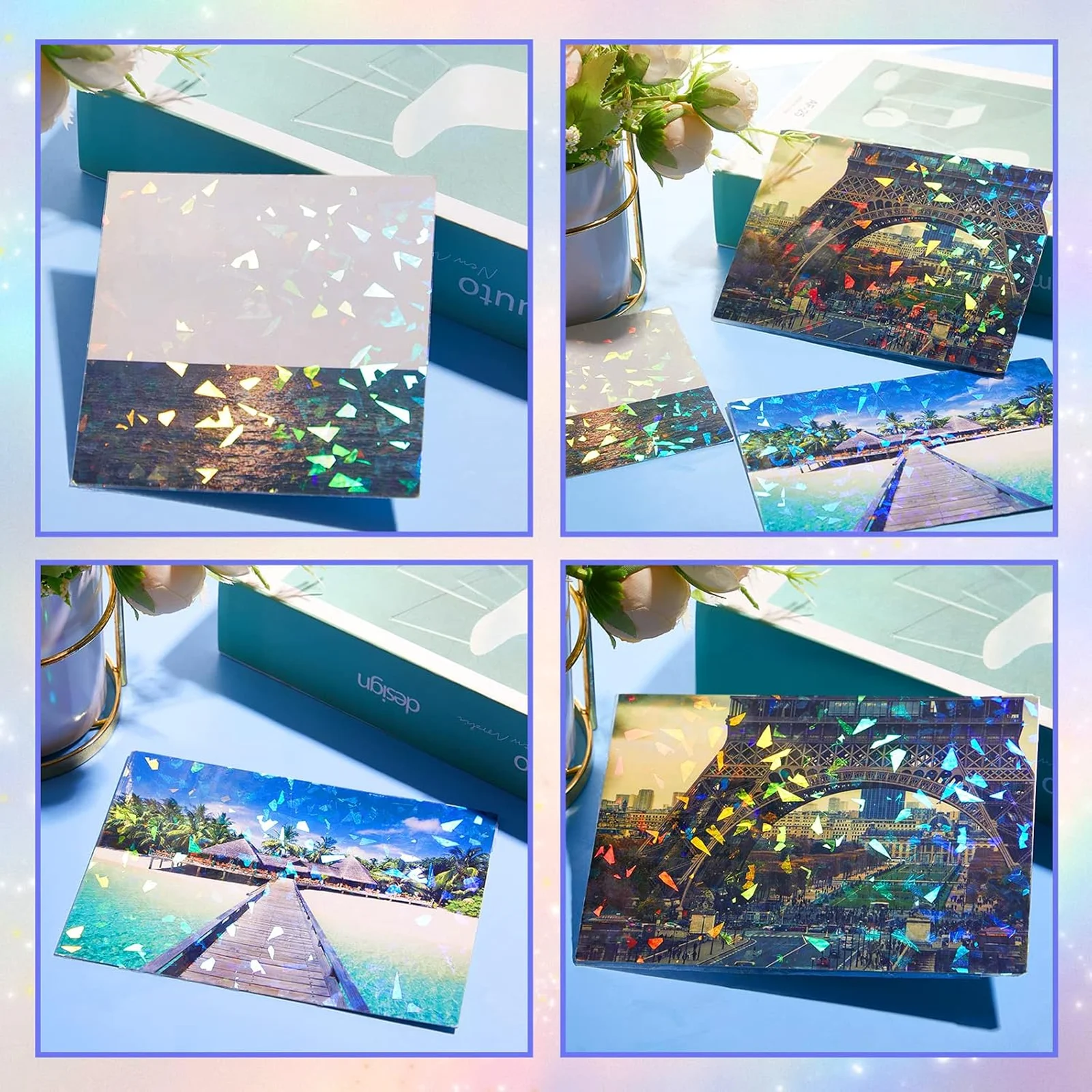 50 Sheets A6 Holographic Broken Glass Cold Lamination Film Self-Adhesive Holographic Vinyl Sticker Waterproof Clear 105×148mm
