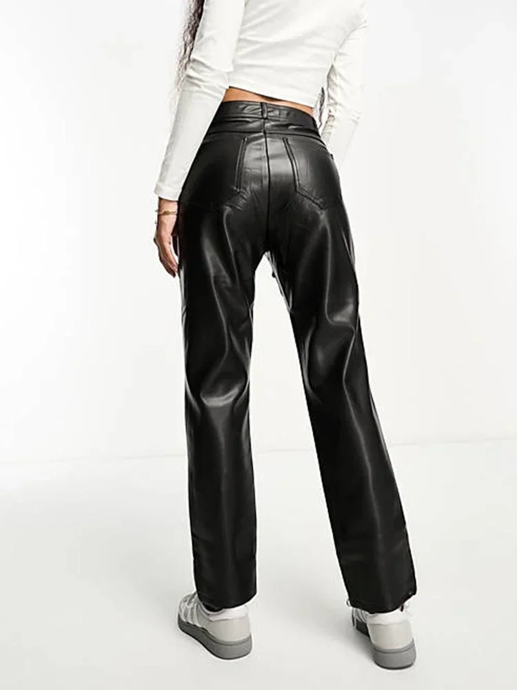 Women Black Faux Latex Leather High Matte Slim Waist Cropped Pants With Pocket Ladies Solid Color Sexy PU Pencil Pants Custom