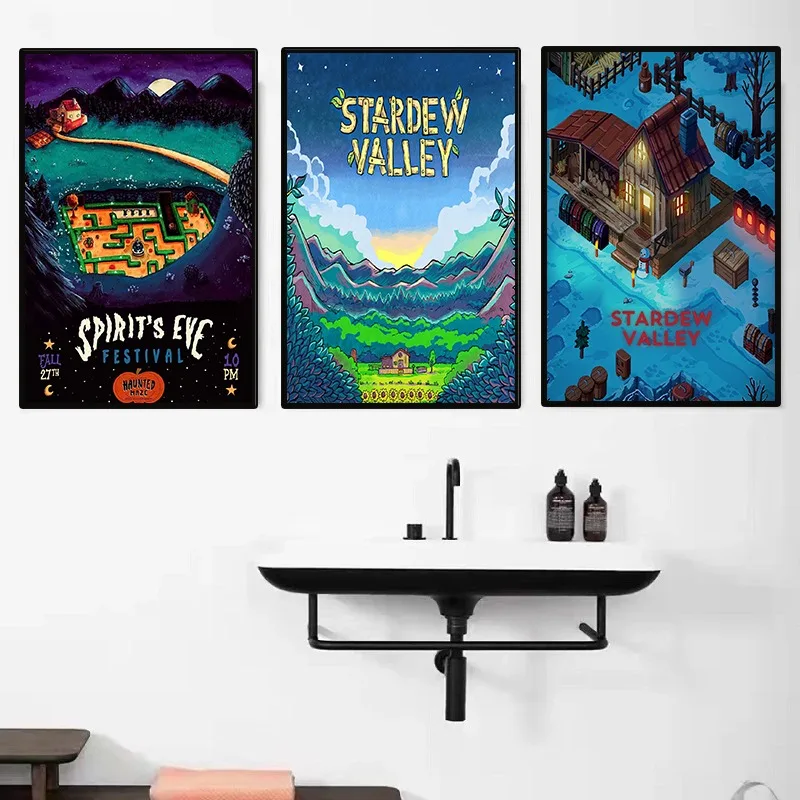Vintage Classic Video Game Stardew Valley Poster Pelican Town Canvas Painting Wall Art for Living Room Home Decoration Gift Game