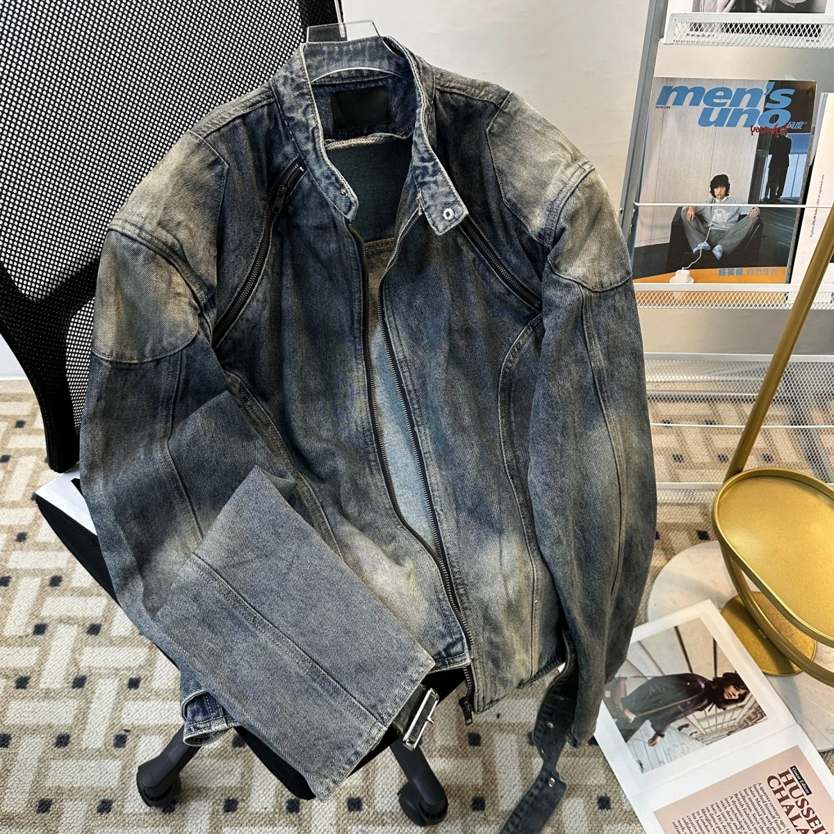 

Men's High Street American Style Jacket Short Armor Design Washed Stand Collar Waist Cinching Belt Padded Shoulder Denim Jacket