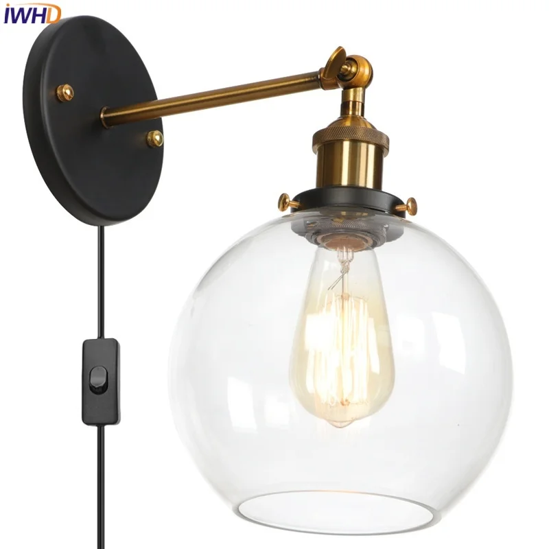 

IWHD Globe Glass Vintage LED Wall Lamps Fixtures Living Room Porch Bar Industrial Plug In Bedside Lamp lampara pared con enchufe