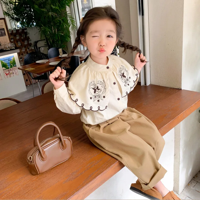 Children Clothing 2024 Spring and Autumn New Girls French Style Large Lapel Embroidered Shirt Straight Leg Pants Two Piece Set