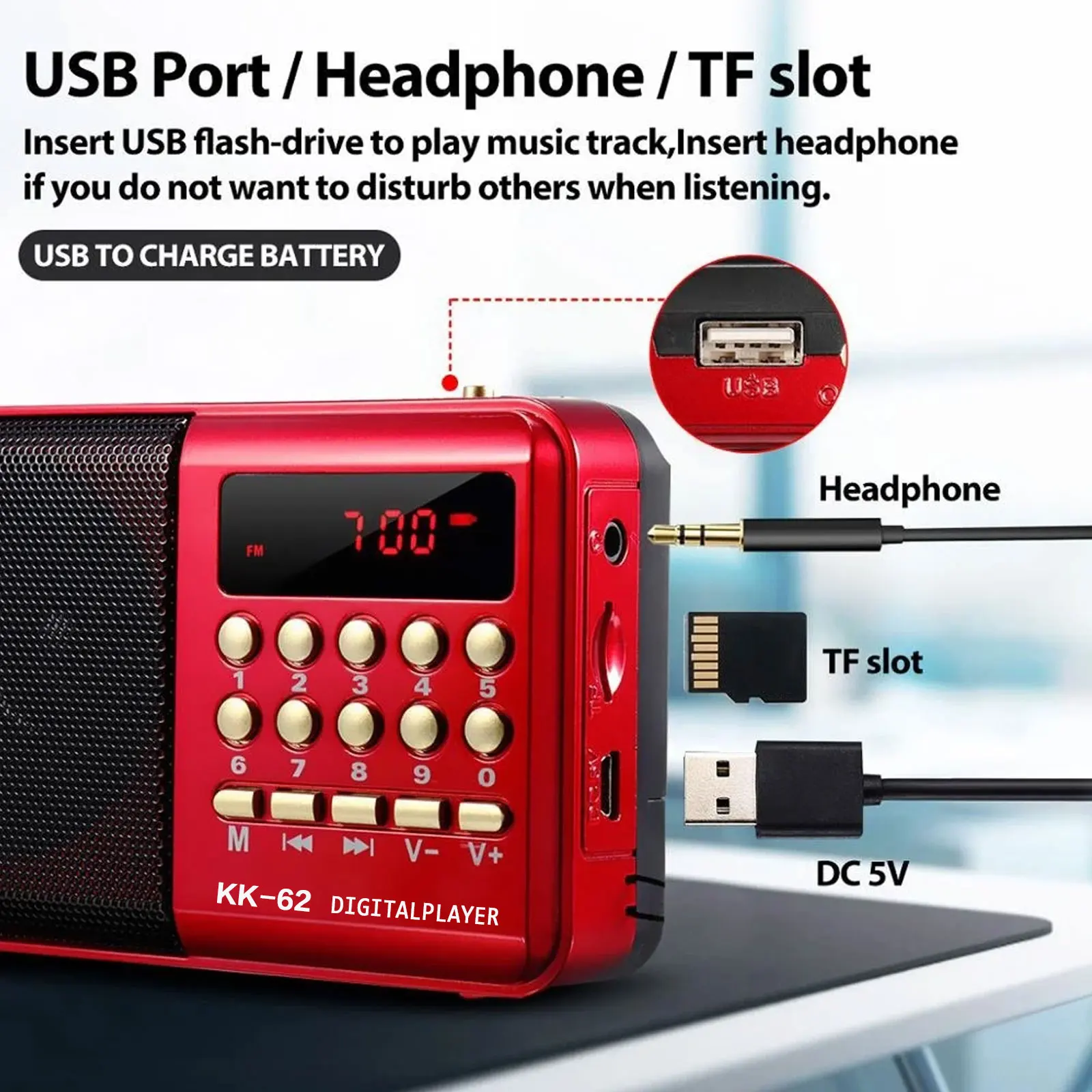 ポータブルミニラジオ 充電式 ハンディFM USB TF MP3プレーヤー