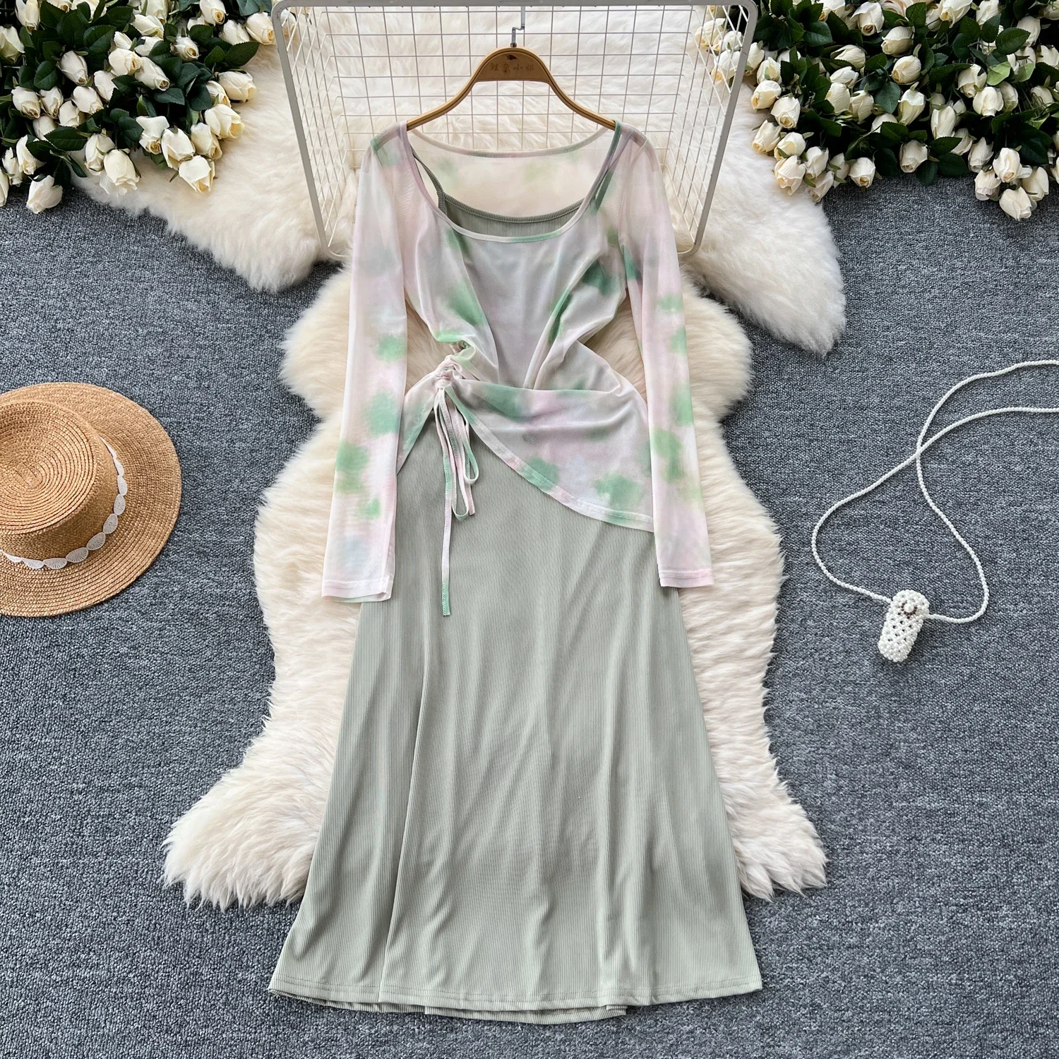 Sexy  Two Pieces Sets Chic Shirring mesh print top with High Waist summer slip Skirt Casual Beach Vacation Sets