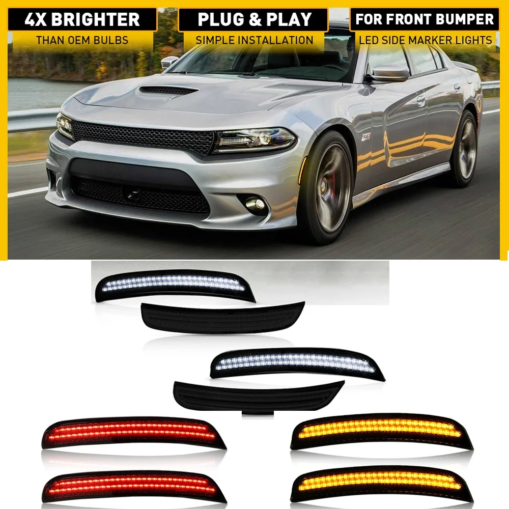 For Dodge Charger 2015 2016 2017 2018 2019 2020 2021 2022 Front Rear Bumper LED Side Marker Light Smoked Turn Signal Tail Light