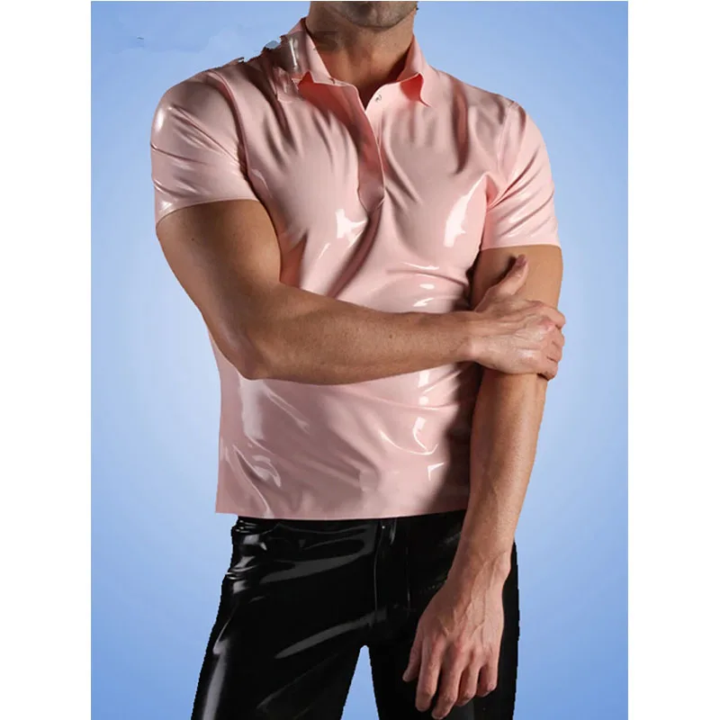 Handmade Short Sleeved Men Babay Pink Latex Polo Shirt Fashion Rubber Shirts Fashion Tops