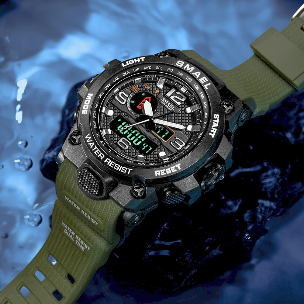 SMAEL Brand Men Sports Watches Dual Display Analog Digital LED Electronic Quartz Wristwatches Waterproof Swimming Military Watch