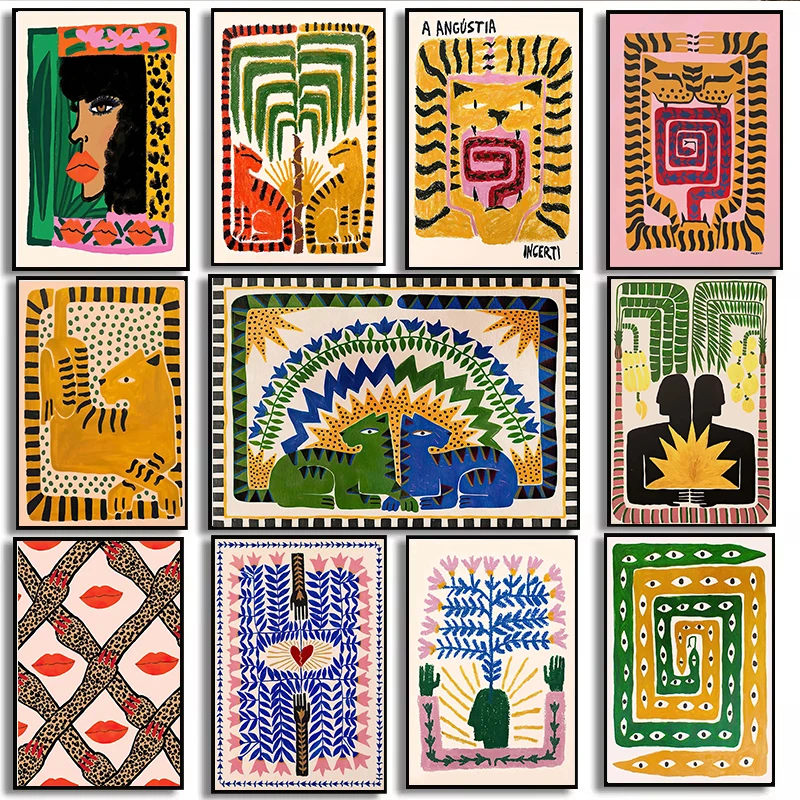 

Абстрактный постер в стиле бохо с изображением тигра и леопарда, цветной, в древнеегипетском стиле, на холсте, для декора гостиной