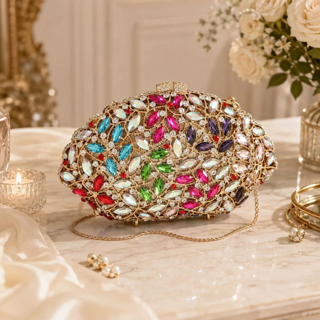 Colorful horse's eye diamond metal frame dinner bag contrasting diamond jewelry party party party can be crossed